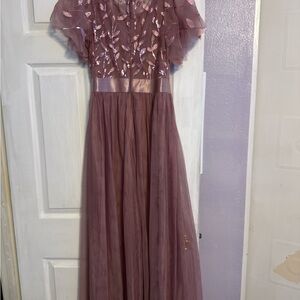 Elegant Mauve Gown with Sheer Sleeves
